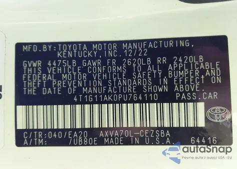 2023 Toyota Camry Se из США, поврежденный, VIN 4T1G11AK0PU764110